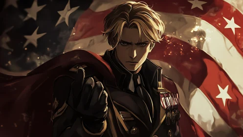 Militarized anime officer before turbulent US banner backdrop.