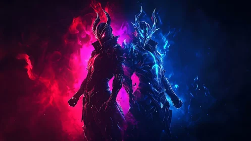 Bifurcated elemental warriors in chromatic flame armor field.