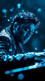 Blue-lit pianist in emotional performance close-up portrait.
