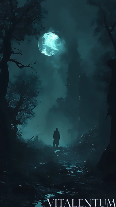 Lone hooded figure on dark forest path under full moon.