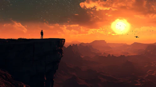 Lone figure on cliff over alien canyon at burning sunset.