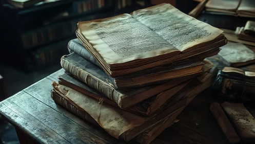 Ancient handwritten manuscripts rest on a worn wooden table.