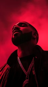 Cinematic low-angle portrait in monochrome red lighting study.