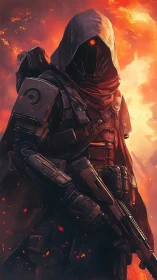 Hooded sci fi sentinel stands watch in blazing ember light