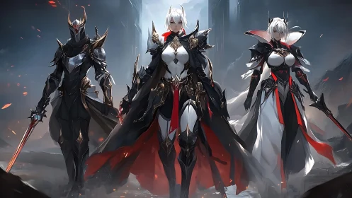 Triad of armored paladins in gothic fantasy war zone