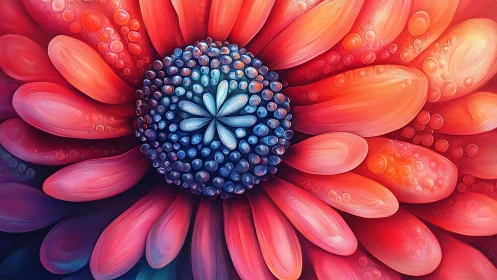 Vivid macro flower abstraction with glowing blue center.