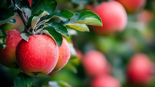 Ripe red apples hang on leafy branch in soft orchard light.