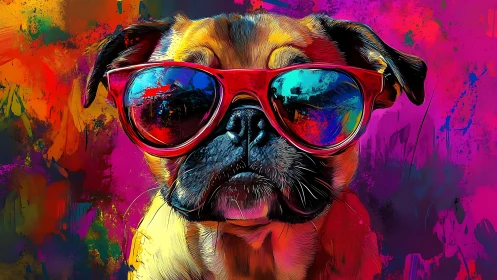 Cool pug in neon sunglasses against explosive colors.