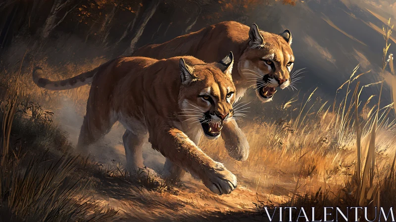 Aggressive Pumas in Dusty Chase Through Savanna.