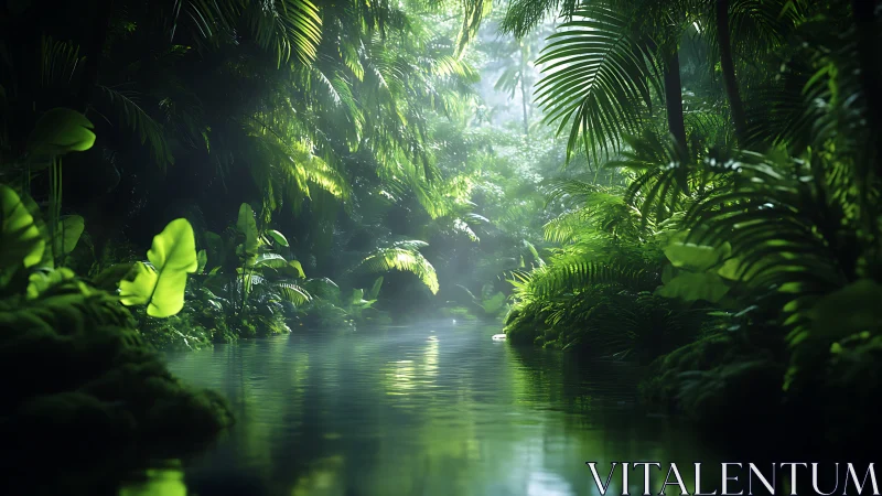 Sunlit jungle stream winds through dense tropical canopy
