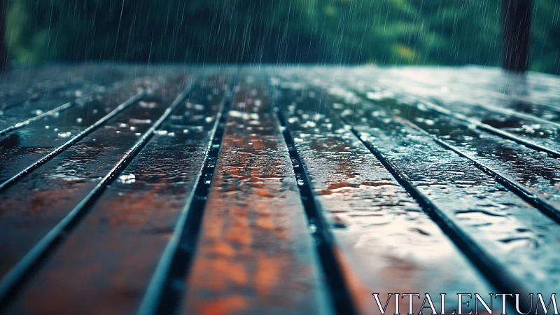 Shallow depth study of rain on varnished wooden deck slats