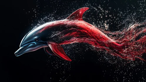 Hydrodynamic dolphin form rendered in translucent red fluid simulation