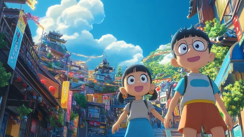 Joyful kids explore a colorful hillside festival street.