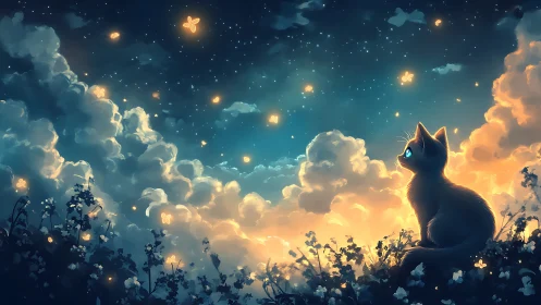 Celestial blue-eyed cat under bioluminescent night sky