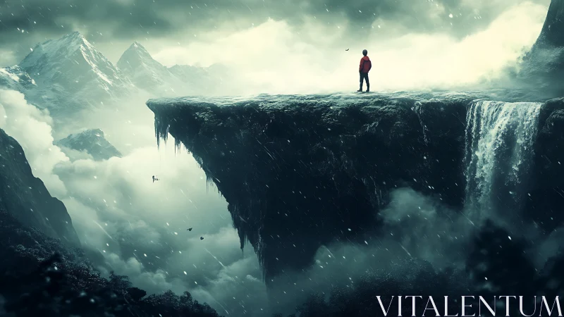 Solitary figure on sheer cliff plateau above storm valley