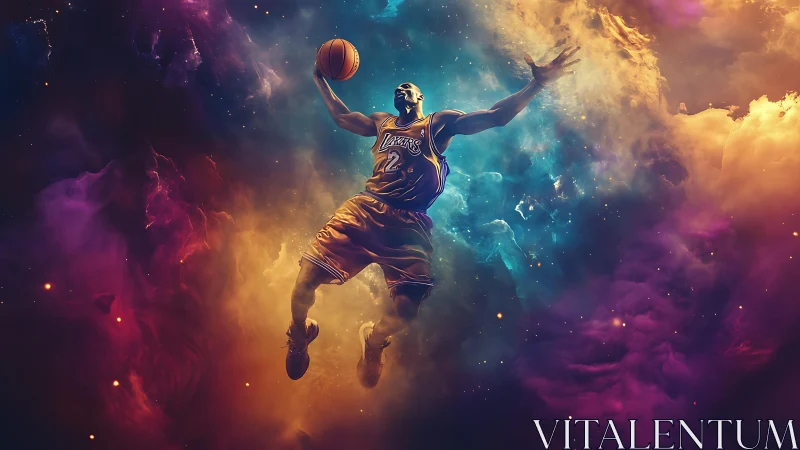 Basketball player soaring through vivid cosmic nebula sky