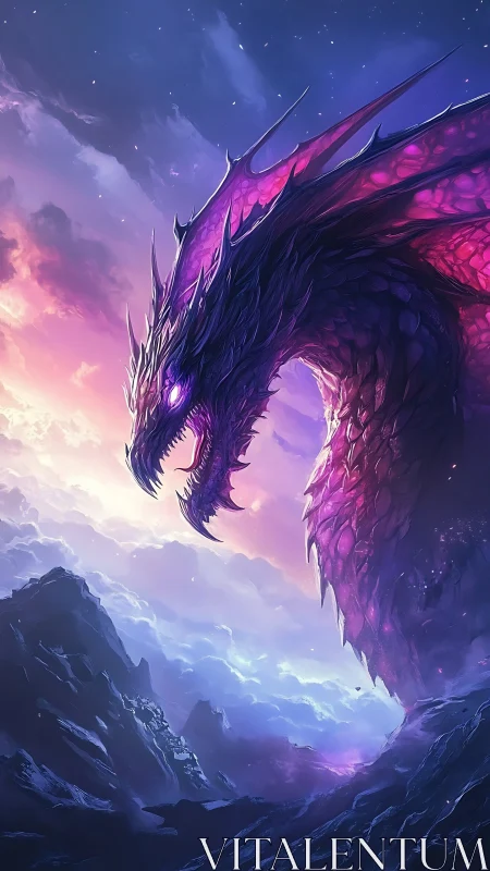 Cosmic amethyst dragon over stormlit mountain horizon.