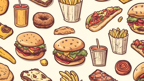 Playful fast food parade with burgers, fries and sweets galore.