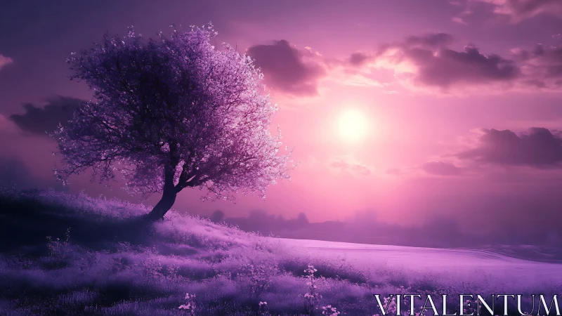 Solitary blossom tree leans over violet sunlit meadow