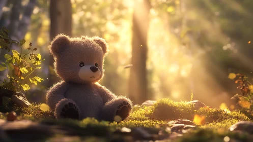 Plush teddy bear rendered in soft backlit 3D forest environment