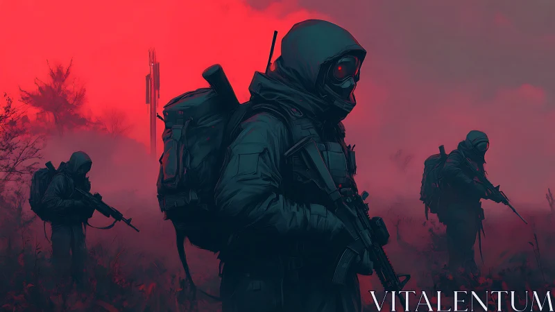 Hooded soldiers in toxic red mist with rifles deployed.