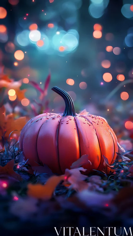 Twilight firefly bokeh crowns a dew-kissed pumpkin jewel