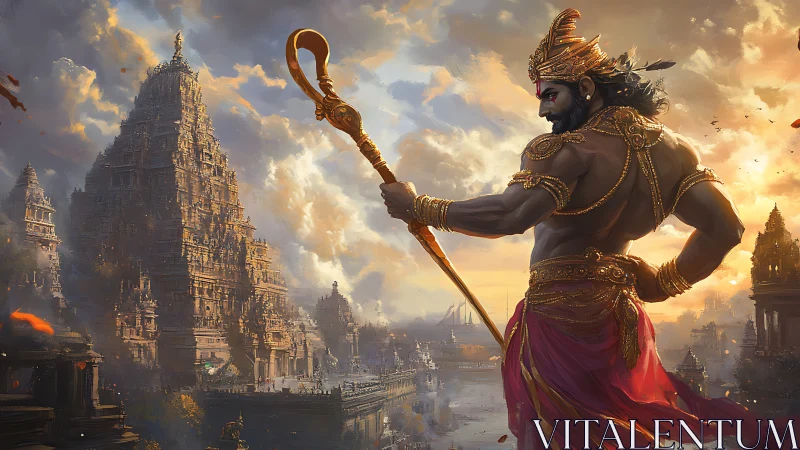 Warrior demigod overlooks golden temple city at dawn.