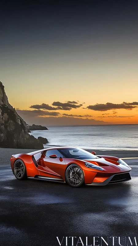 Red supercar reflects sunset glow on wet coastal road.