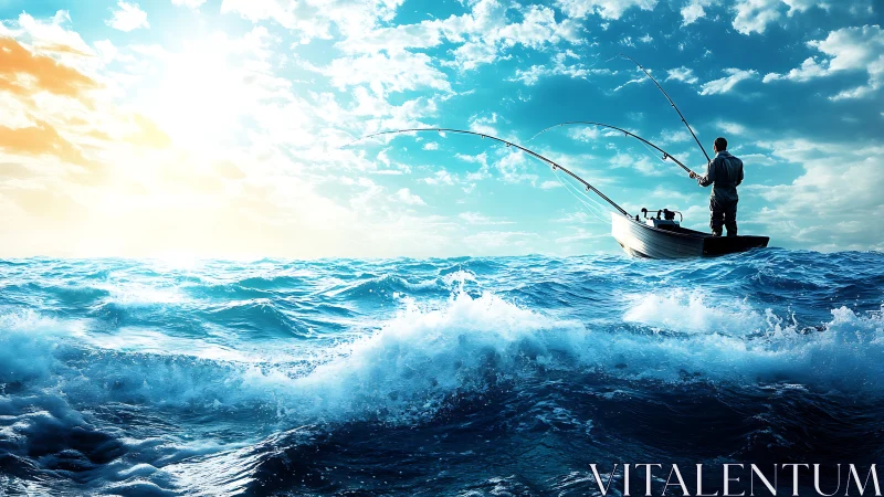 Solitary fisherman greeting sunrise on rolling ocean waves.