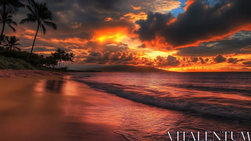 Tropical shoreline sunset with reflective fiery cloudscape.