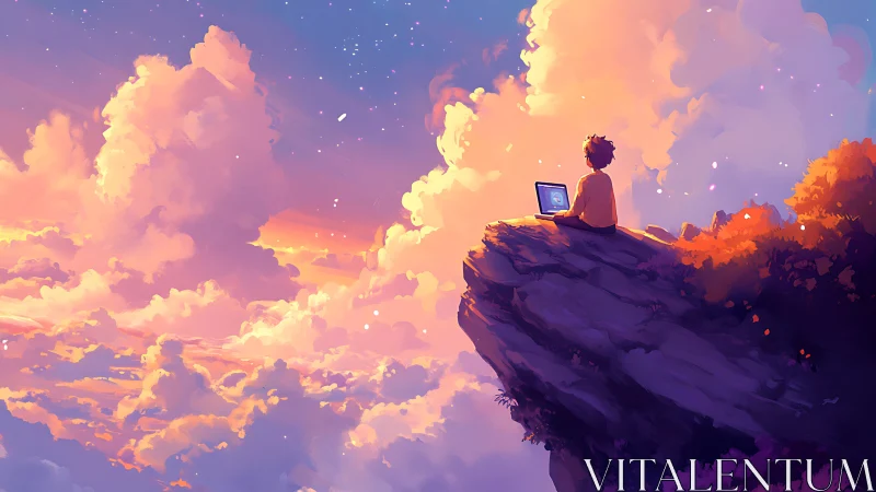 Cloud-ledge coder bathing in sherbet sunset skies.
