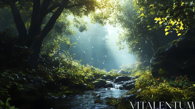 Luminous stream whispers through emerald cathedral.