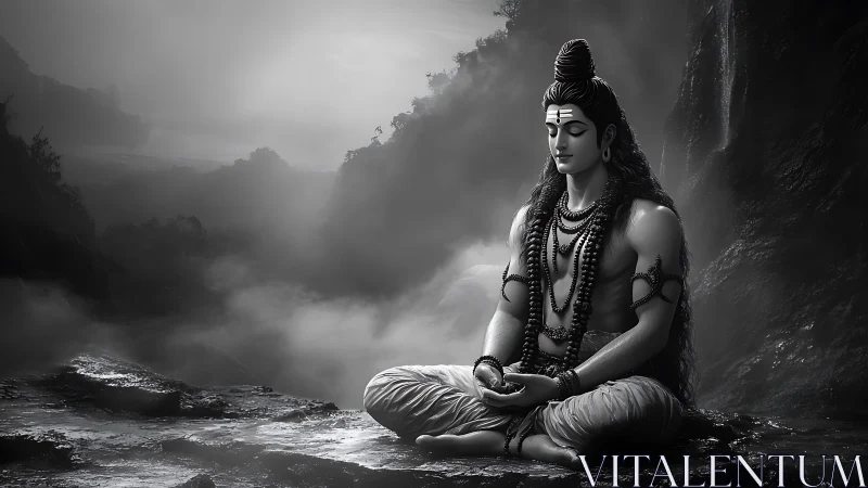Monochrome meditative deity rendered with high contrast volumetric fog