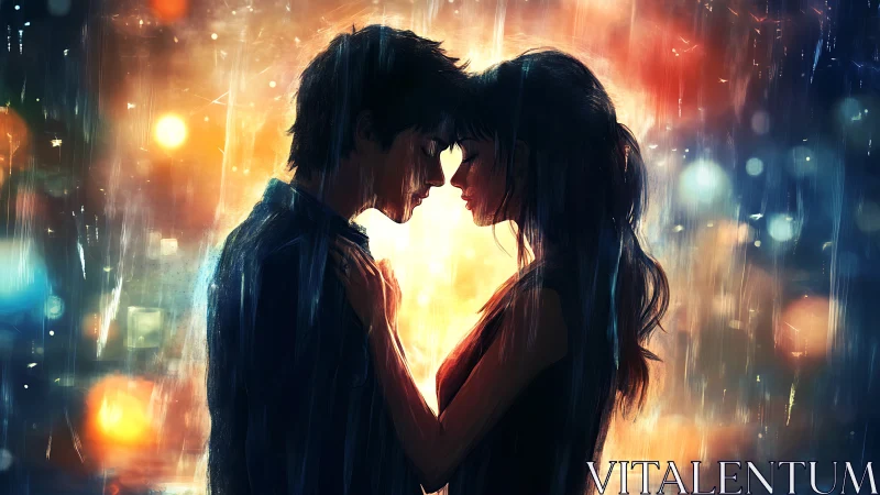 Luminous Embrace: Two Souls Converge in Rain-Soaked Neon Radiance.
