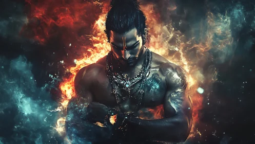 Muscular warrior surrounded by fiery and icy swirling energy.
