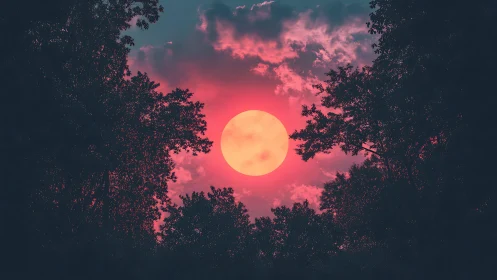 Backlit forest silhouette frames saturated red atmospheric sun disk