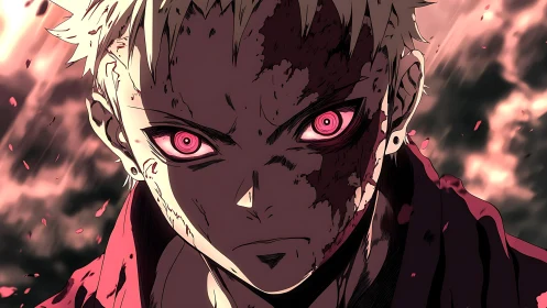 Crimson gaze carves fury through smoke and falling embers