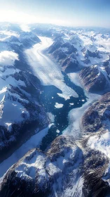 Glacial fjord cuts through towering snowbound mountain range.