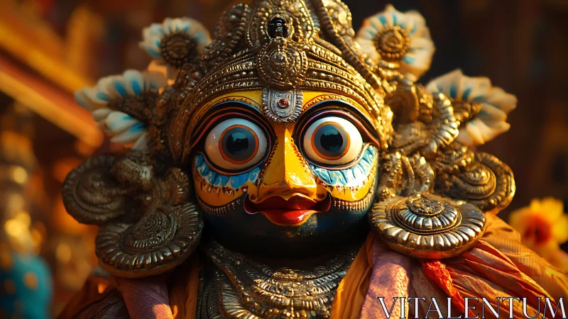 Ornate deity mask gleams in warm temple festival light