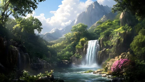 Sunlit waterfall cascades into tranquil mountain lagoon.