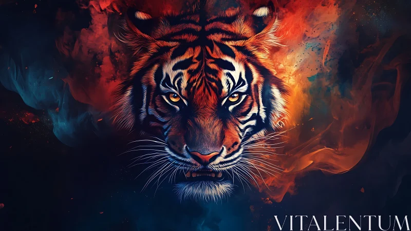 Tiger head rendered in vivid blue and orange digital flames