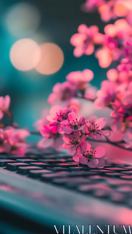 Pink Blossoms Against Teal Bokeh Depths.