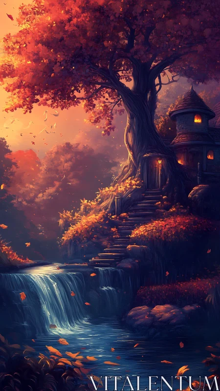 Treehouse stands above autumn waterfall in warm evening light