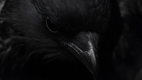 Close black raven portrait with intense downward gaze.