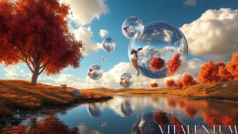Reflective spheres hover above autumn trees and river