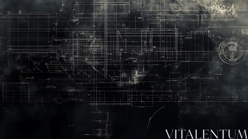Futuristic abstract blueprint lines on dark industrial background.
