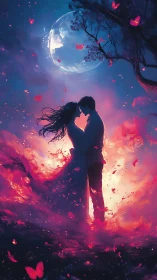 Two souls embrace beneath a glowing moon and dancing lights