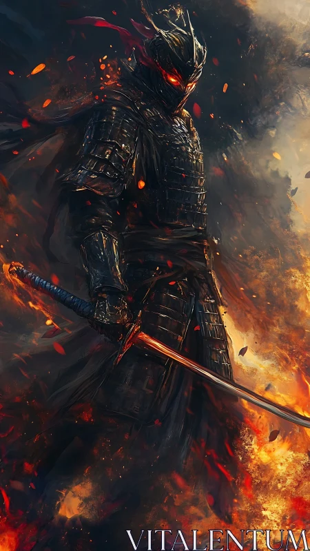 Blazing dark knight calmly guards a path through swirling fire