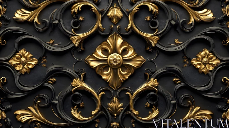 Ornate Gold and Black Baroque Patterned Wall Art Design.