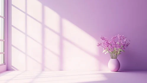 Soft daylight on lilac wall with pink floral vase arrangement
